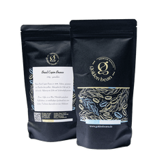 Golden Beans Brasilien Filterkaffee Packung, Detailansicht des Golden Beans Brasilien Filterkaffees, Geröstete Kaffeebohnen aus Brasilien