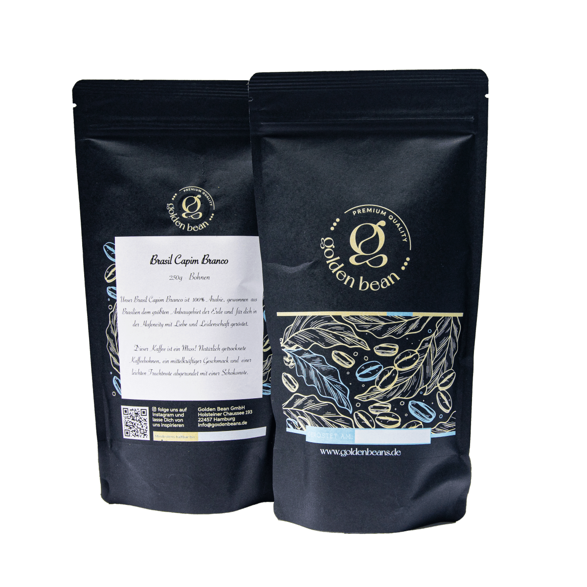 Golden Beans Brasilien Filterkaffee Packung, Detailansicht des Golden Beans Brasilien Filterkaffees, Geröstete Kaffeebohnen aus Brasilien