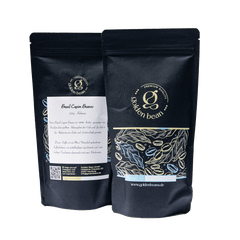 Golden Beans Brasilien Filterkaffee Packung, Detailansicht des Golden Beans Brasilien Filterkaffees, Geröstete Kaffeebohnen aus Brasilien