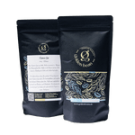 Golden Beans Espresso Guji Packung, Close-up der Espresso Guji Bohnen, Karte von Äthiopien, hervorhebend das Guji Anbaugebiet