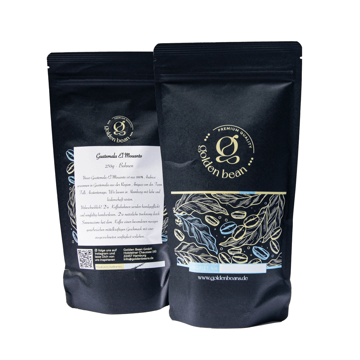 Golden Beans Guatemala Filterkaffee Packung, Detailansicht des Golden Beans Guatemala Filterkaffees, Geröstete Kaffeebohnen aus Guatemala