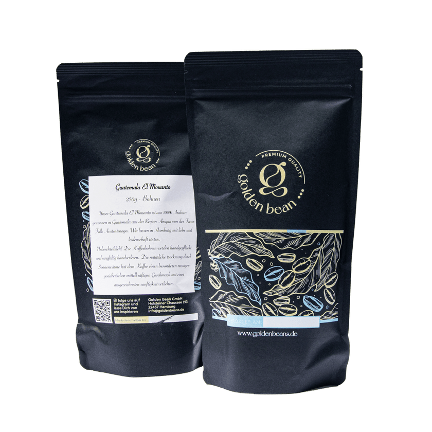 Golden Beans Guatemala Filterkaffee Packung, Detailansicht des Golden Beans Guatemala Filterkaffees, Geröstete Kaffeebohnen aus Guatemala