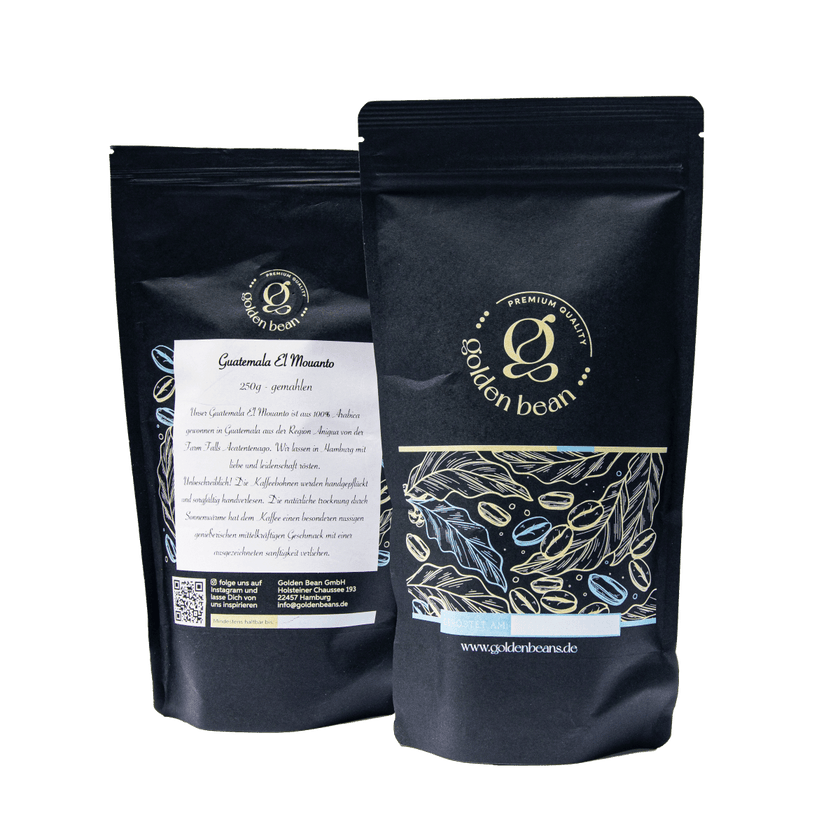 Golden Beans Guatemala Filterkaffee Packung, Detailansicht des Golden Beans Guatemala Filterkaffees, Geröstete Kaffeebohnen aus Guatemala