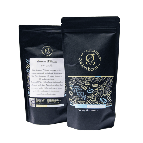 Golden Beans Guatemala Filterkaffee Packung, Detailansicht des Golden Beans Guatemala Filterkaffees, Geröstete Kaffeebohnen aus Guatemala