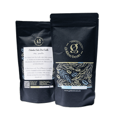 Golden Beans Kolumbien Filterkaffee Packung, Detailansicht des Golden Beans Kolumbien Filterkaffees, Geröstete Kaffeebohnen aus Kolumbien