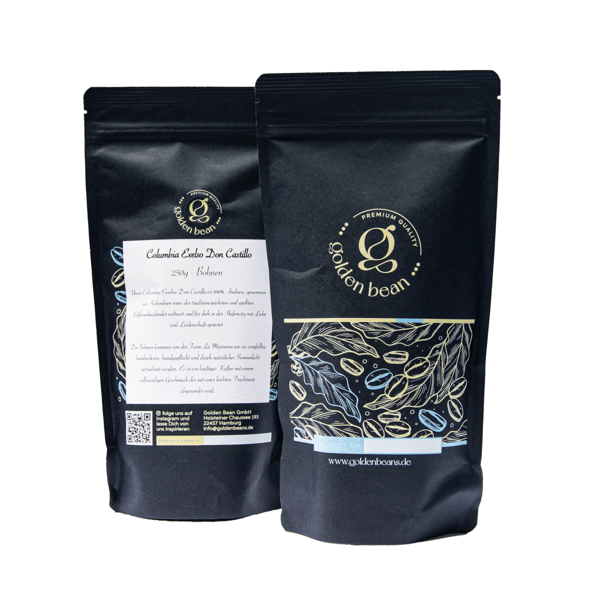 Golden Beans Kolumbien Filterkaffee Packung, Detailansicht des Golden Beans Kolumbien Filterkaffees, Geröstete Kaffeebohnen aus Kolumbien