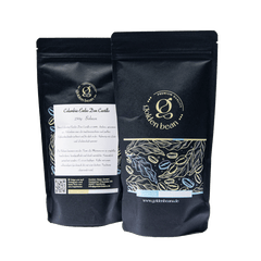 Golden Beans Kolumbien Filterkaffee Packung, Detailansicht des Golden Beans Kolumbien Filterkaffees, Geröstete Kaffeebohnen aus Kolumbien